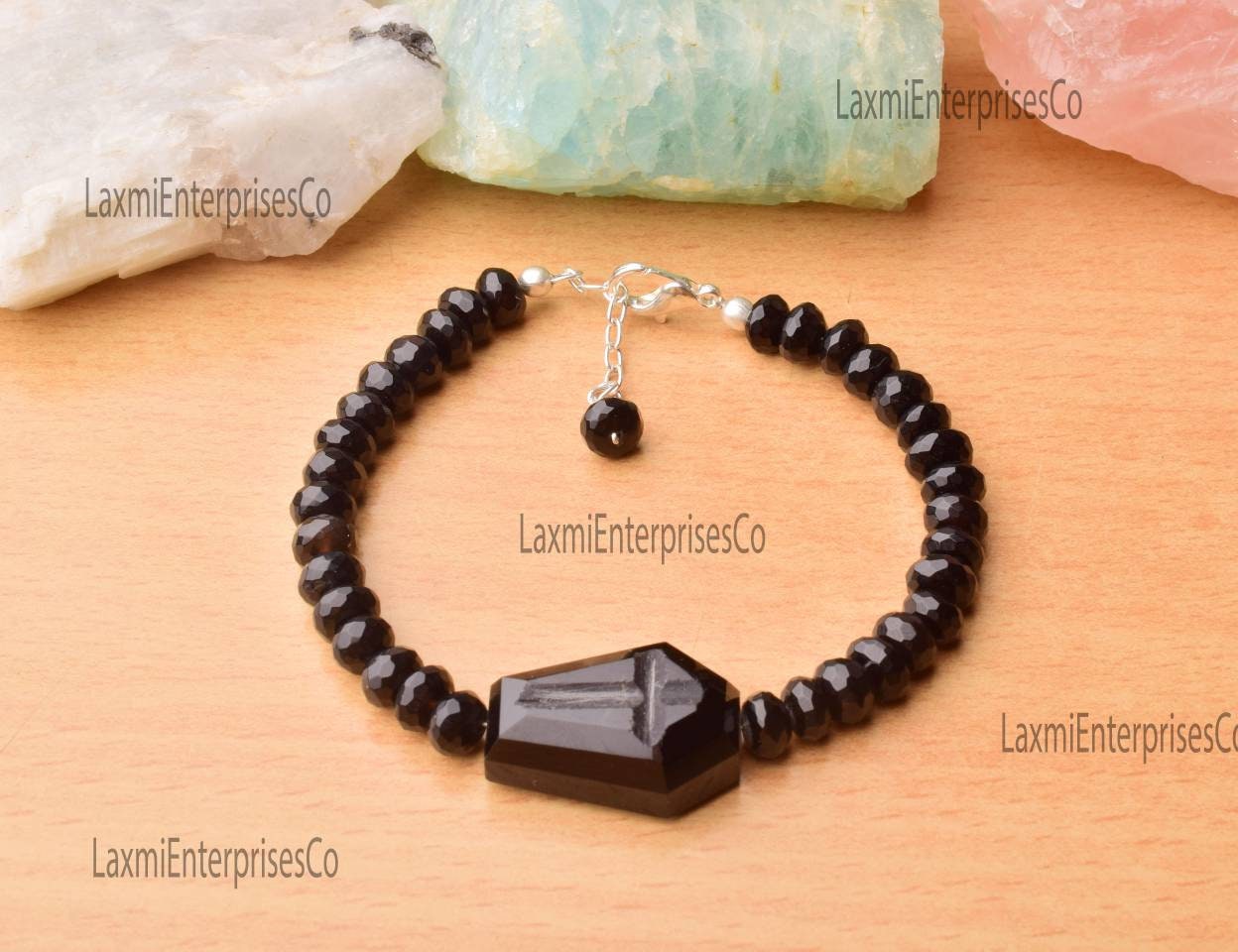 Black Spinel Coffin Bracelet 925 Sterling Silver | Dainty Religious Gemstone Bracelet | Cross Jesus Jewelry Gift For Her