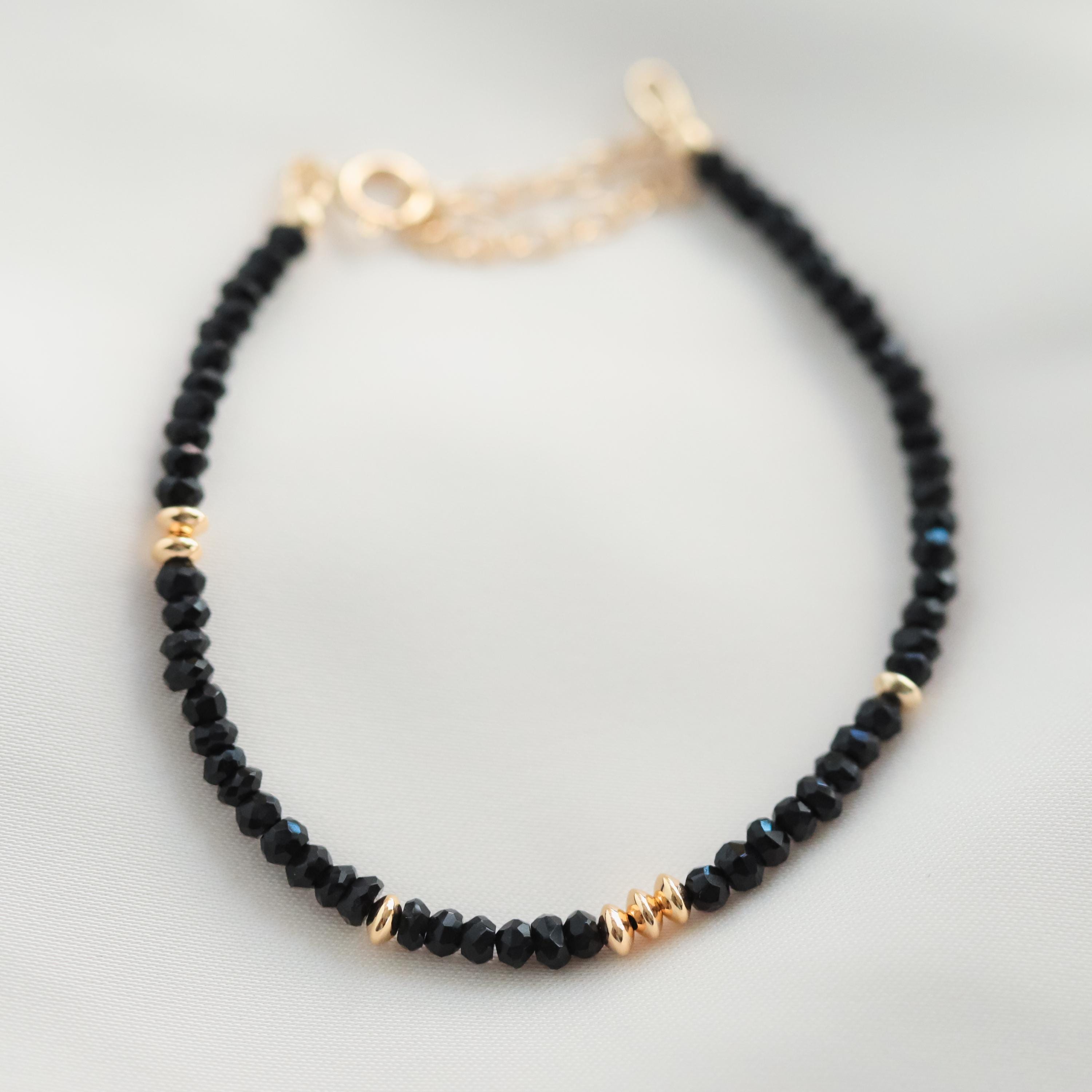 Black Spinel Bracelet | Dainty Tiny Black Spinel Beaded Bracelet | Black Spinel Gold Bracelet | Genuine Black Spinel | Black Spinel 3mm