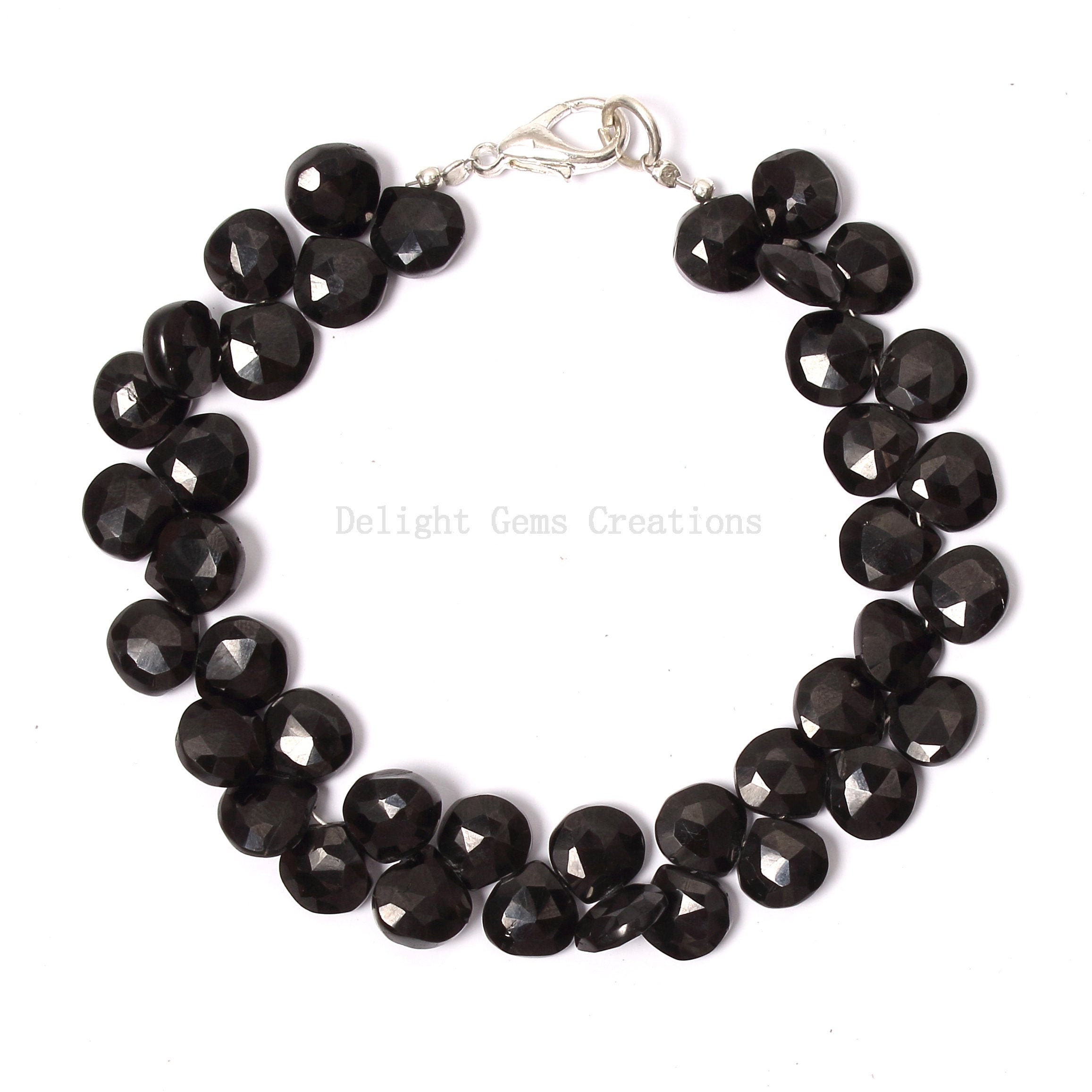 Black Spinel Bracelet, Faceted Heart Beads, 8 Inch