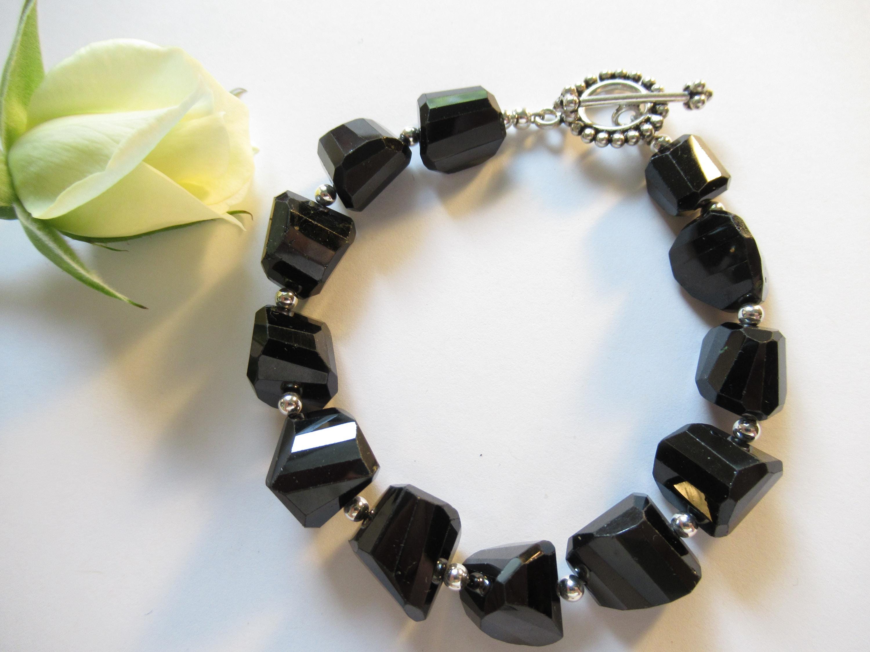 Black Spinel Faceted Nugget Bracelet, Semi Precious Gemstone Bracelet, 925 Sterling Silver August Birthstone
