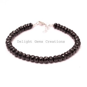 Black Spinel Bracelet, Faceted Rondelle Gemstone Bead, 6mm, 8 Inch