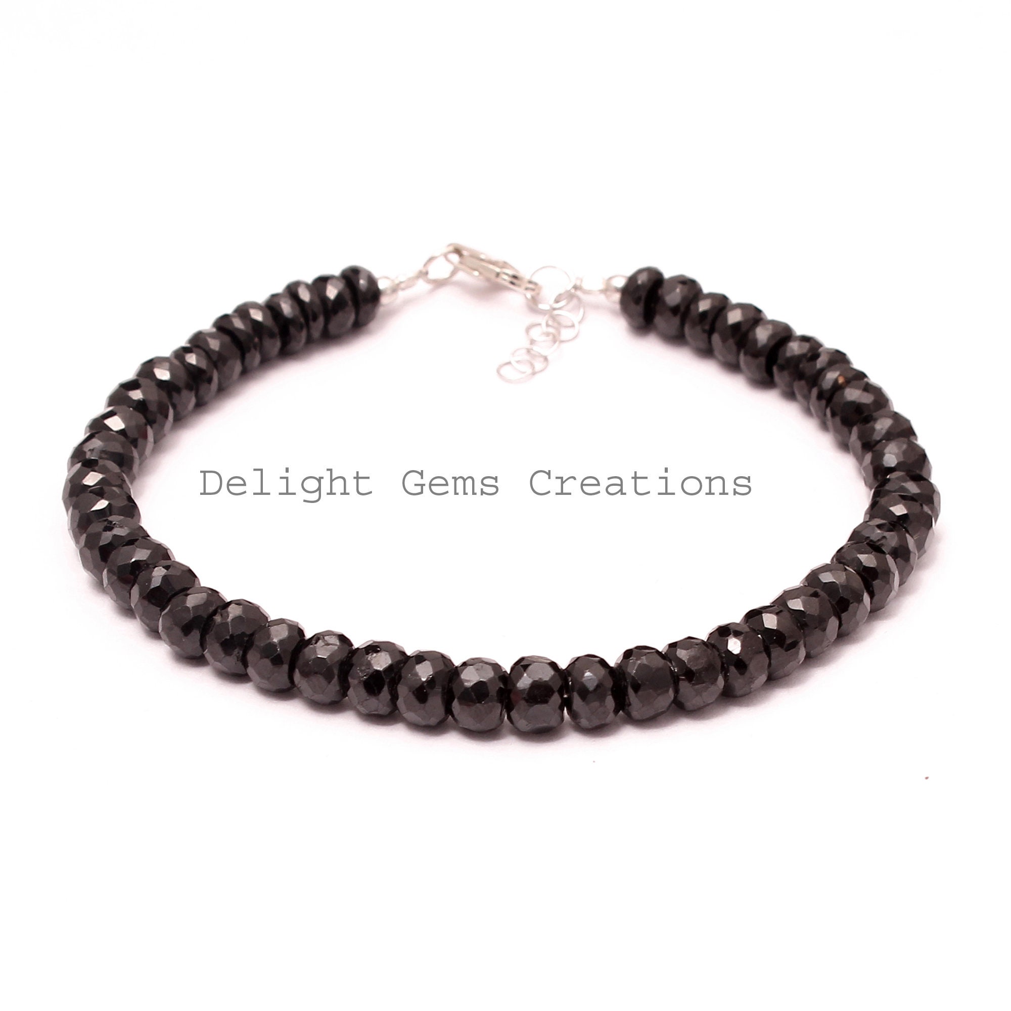 Black Spinel Bracelet, Faceted Rondelle Gemstone Bead, 6mm, 8 Inch Black Spinel Bracelet, Faceted Rondelle Gemstone Bead, 6mm, 8 Inch
