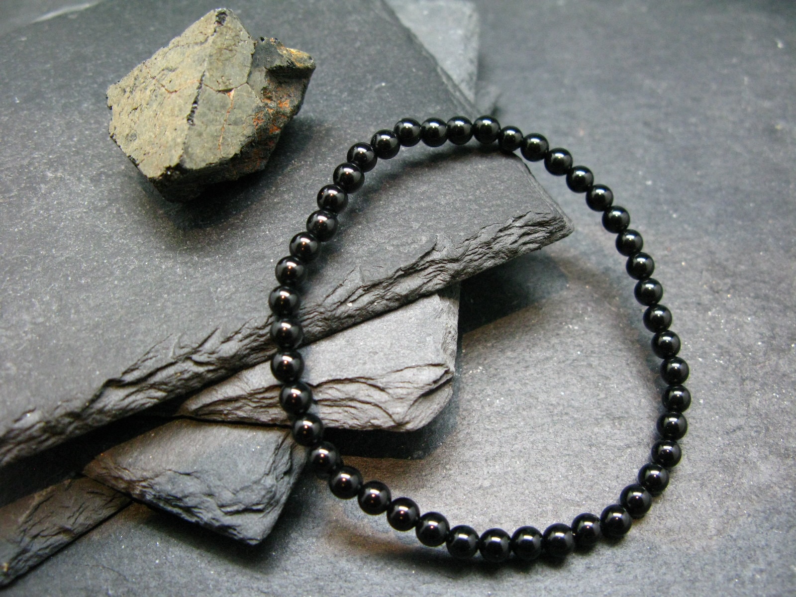 Black Spinel Genuine Bracelet ~ 7 Inches  ~ 4mm Round Beads
