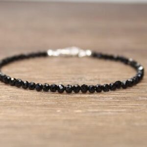 Black Spinel Bracelet, Round Faceted Beads, Black Spinel Jewelry, Sterling Silver, Minimalist, Layering Bracelet