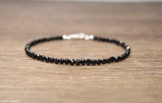 Black Spinel Bracelet, Round Faceted Beads, Black Spinel Jewelry, Sterling Silver, Minimalist, Layering Bracelet