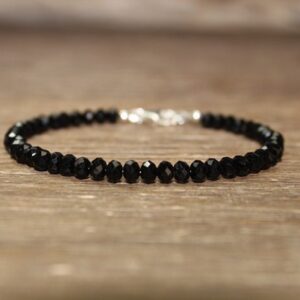 Chunky Black Spinel Bracelet, Faceted Beads, Black Spinel Jewelry, Sterling Silver, Minimalist, Layering Bracelet