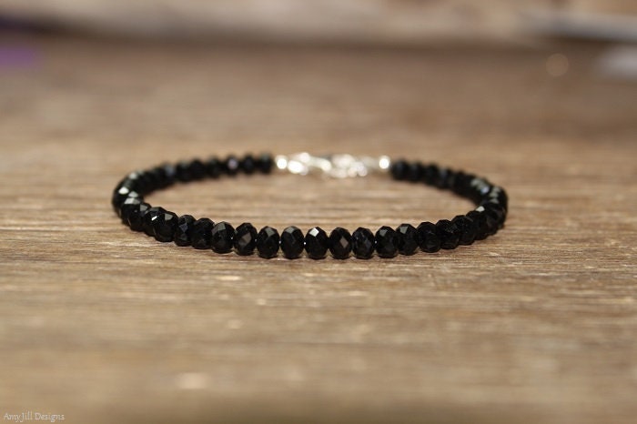 Chunky Black Spinel Bracelet, Faceted Beads, Black Spinel Jewelry, Sterling Silver, Minimalist, Layering Bracelet