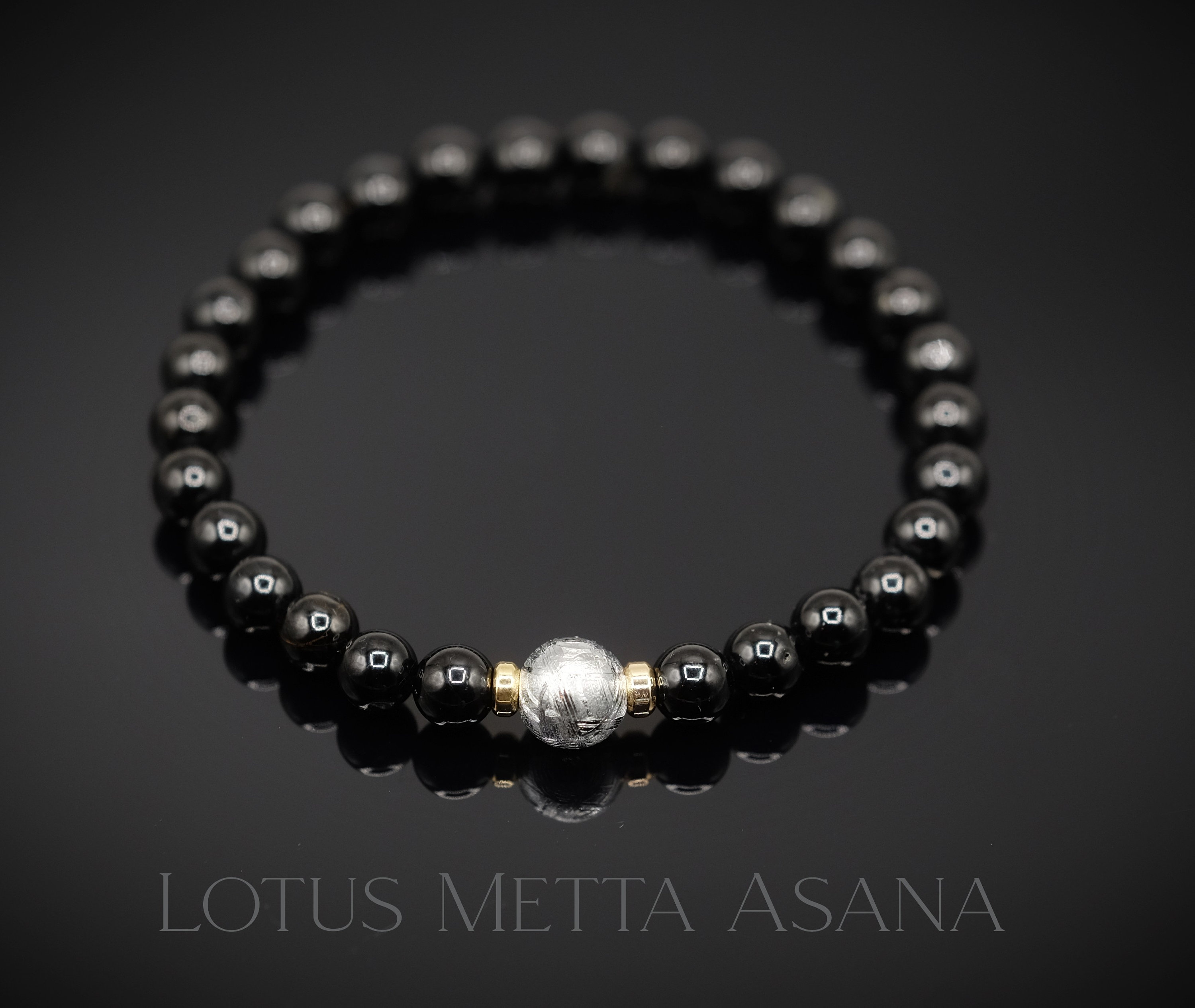 Gibeon Iron Meteorite Muonionalusta (8mm), Black Spinel (6mm), Gold Filled Spacer Stretch Bracelet