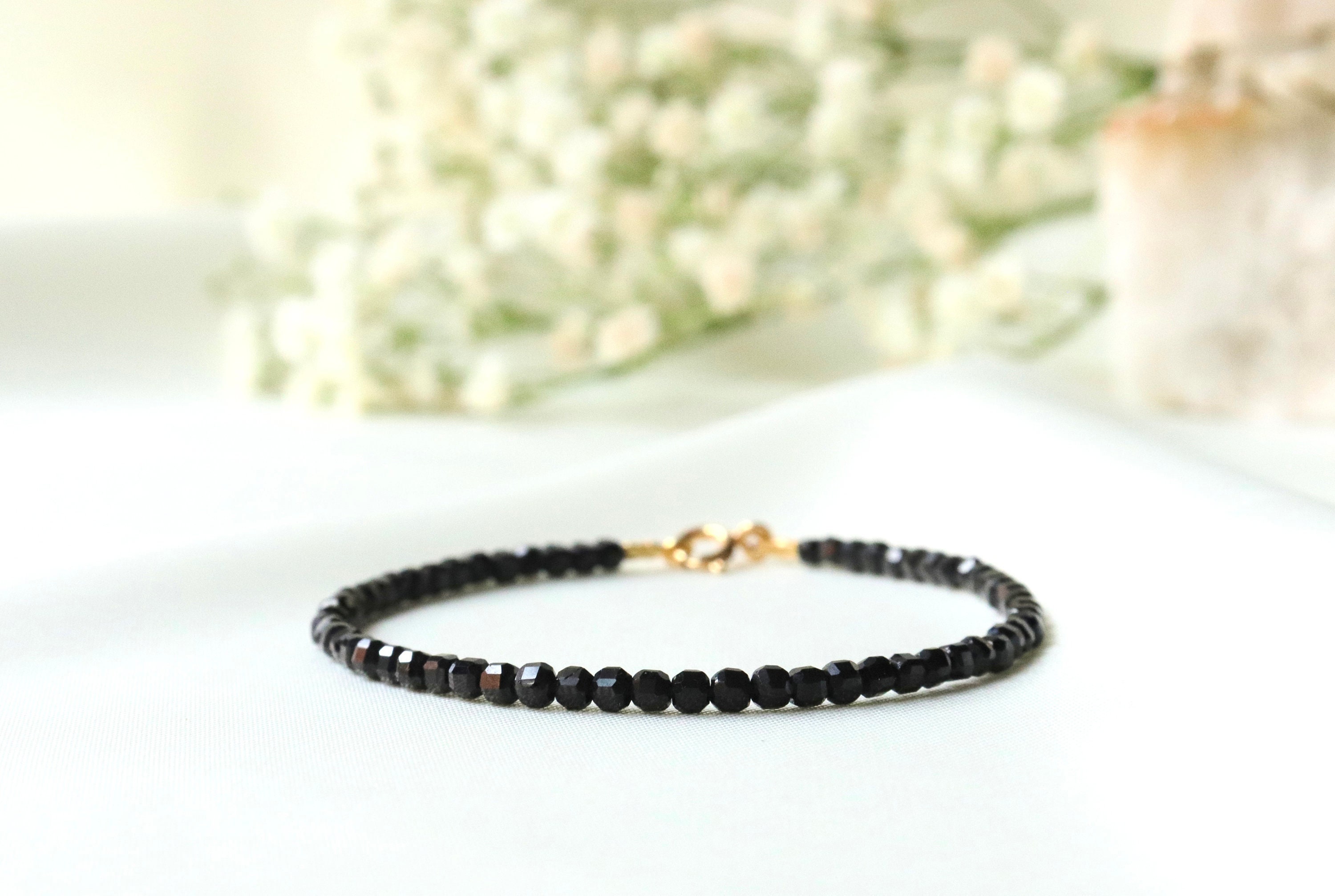 Gift For Her - Genuine Spinel Bracelet, 2mm Cube Gemstone Bracelet, Black Crystal Bracelet, Bracelets For Women, Square Bead Bracelet