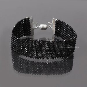 Hand Woven Black Spinel Beaded Bracelet, 2mm Black Spinel Micro Faceted Round Beads Bracelet, Gemstone Bracelet With Magnetic Clasp