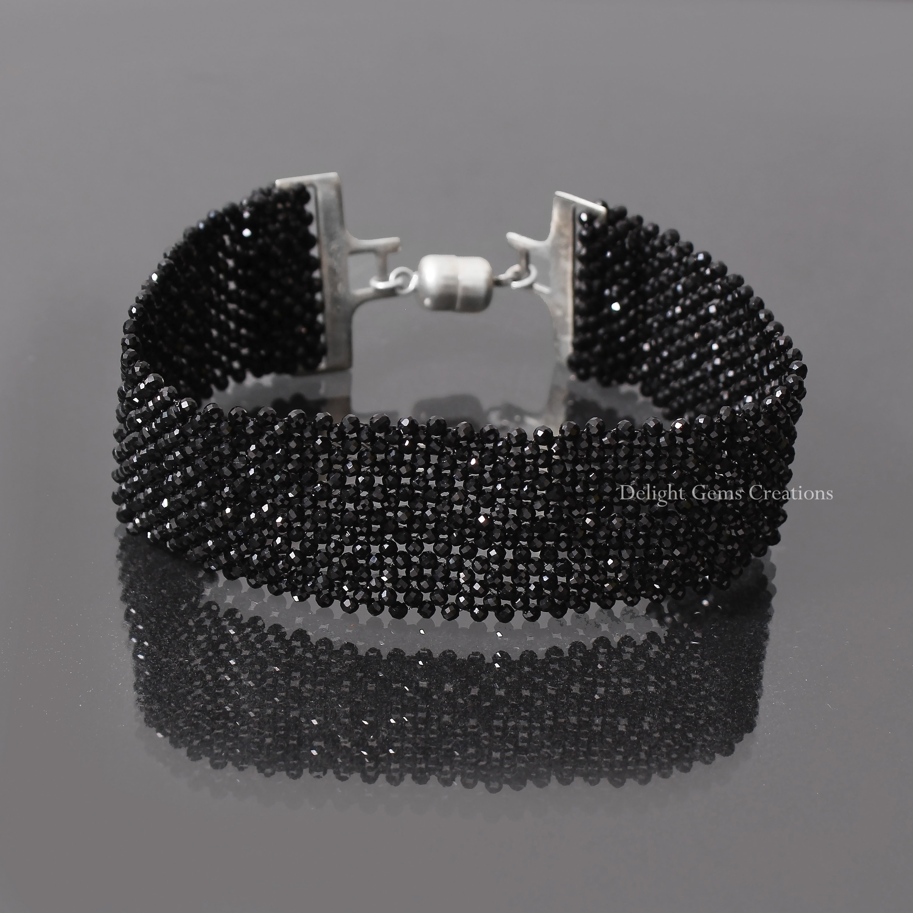 Hand Woven Black Spinel Beaded Bracelet, 2mm Black Spinel Micro Faceted Round Beads Bracelet, Gemstone Bracelet With Magnetic Clasp