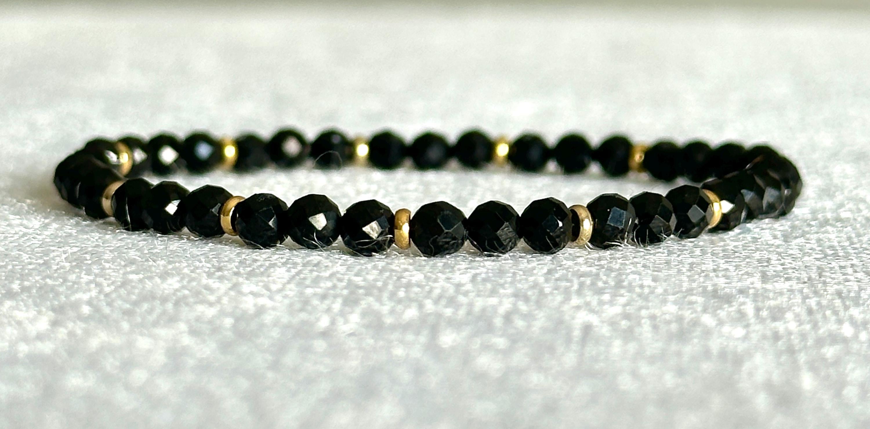 Handcrafted Natural Black Spinel Beaded Stretch Bracelet: Minimalist Gemstone Everyday Jewelry