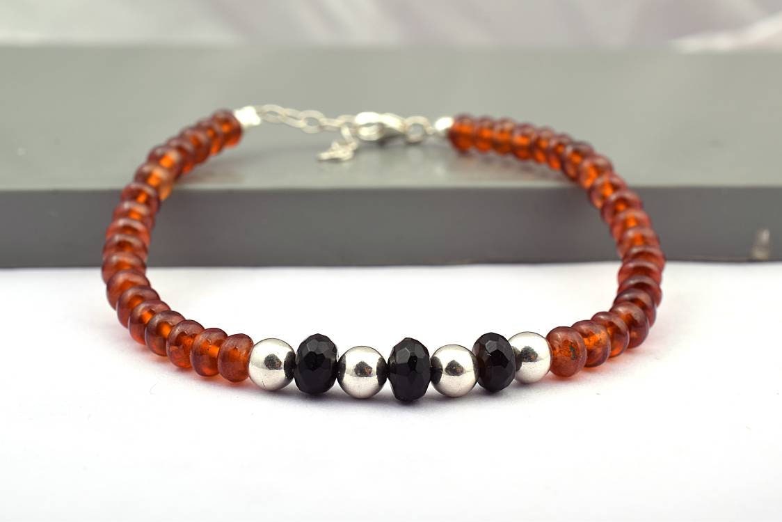 Natural Hessonite And Black Spinel Bracelet In 925 Sterling Silver, Dainty, Faceted Gemstone Bracelet, Stack Bracelet, Bracelet, Gift Her Natural Hessonite And Black Spinel Bracelet In 925 Sterling Silver, Dainty, Faceted Gemstone Bracelet, Stack Bracelet, Bracelet, Gift Her