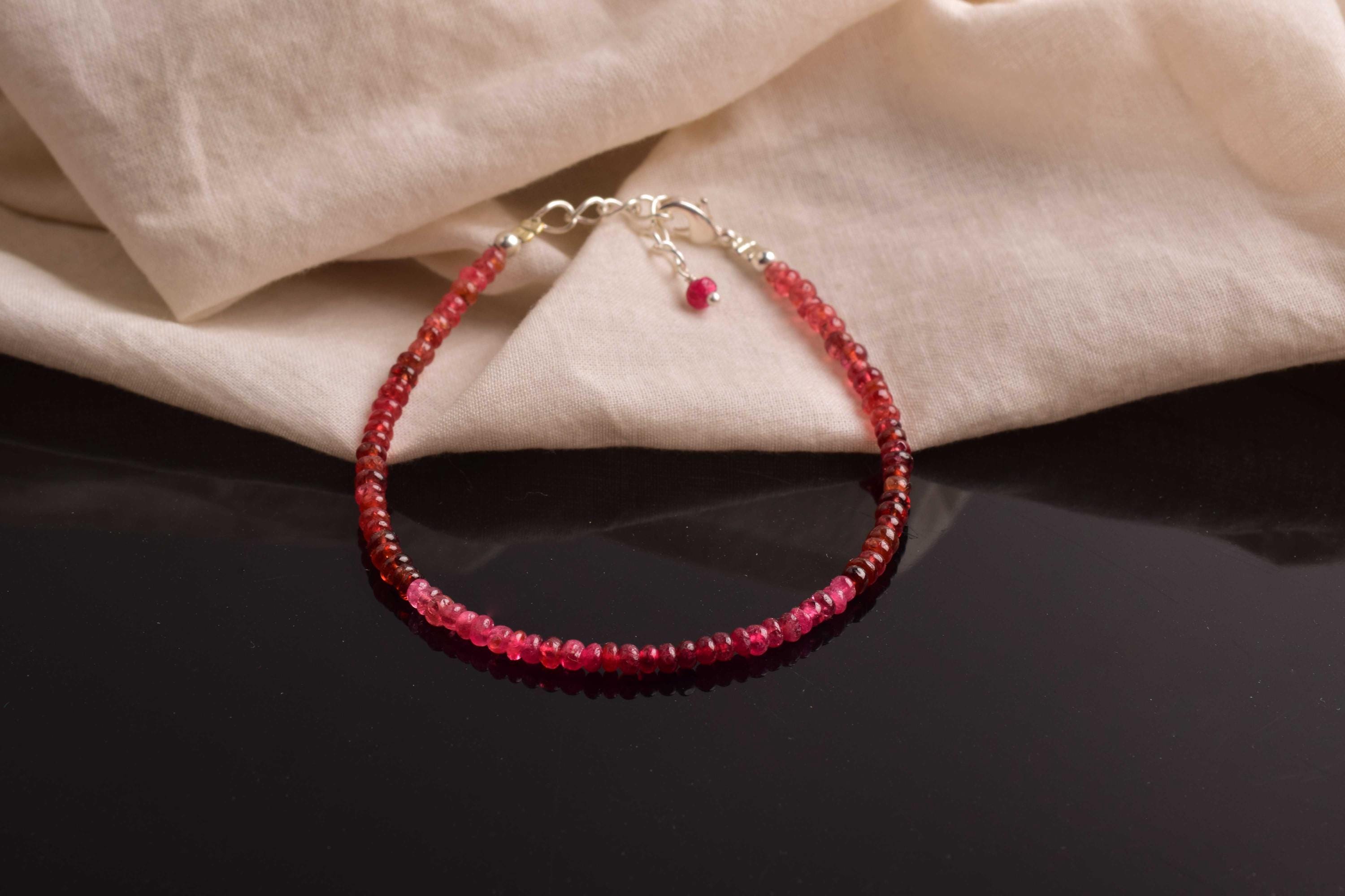 Natural Red Spinel Beaded Bracelet 925 Silver, Dainty Gemstone Bracelet, Red Spinel Jewelry, Birthstone Gift Her, Handmade Silver Bracelet