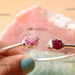 Raw Red Spinel Bracelet 925 Sterling Silver, Dainty Rough Gemstone Cuff, Natural Crystal Bangle, Minimalist Gift for Her