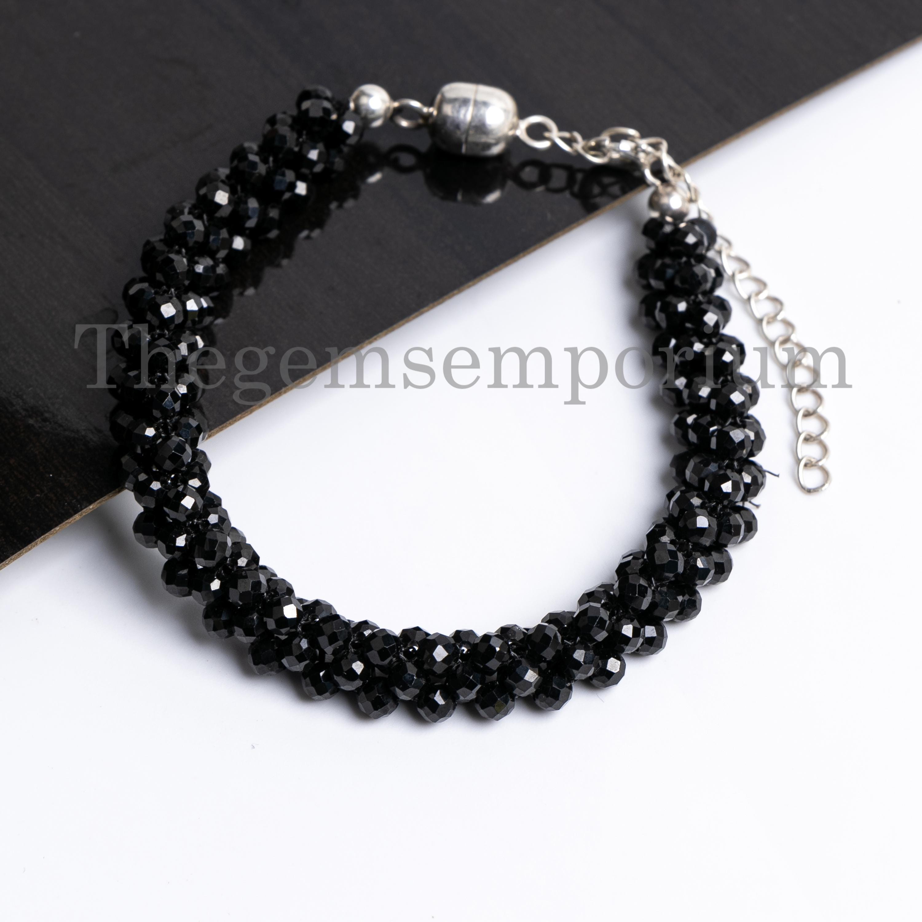 Stunning! Black Spinel Faceted Round Beaded Bracelet, Handmade 925 Sterling Silver Beads Bracelet, Healing Black Gemstone Bracelet, For Him
