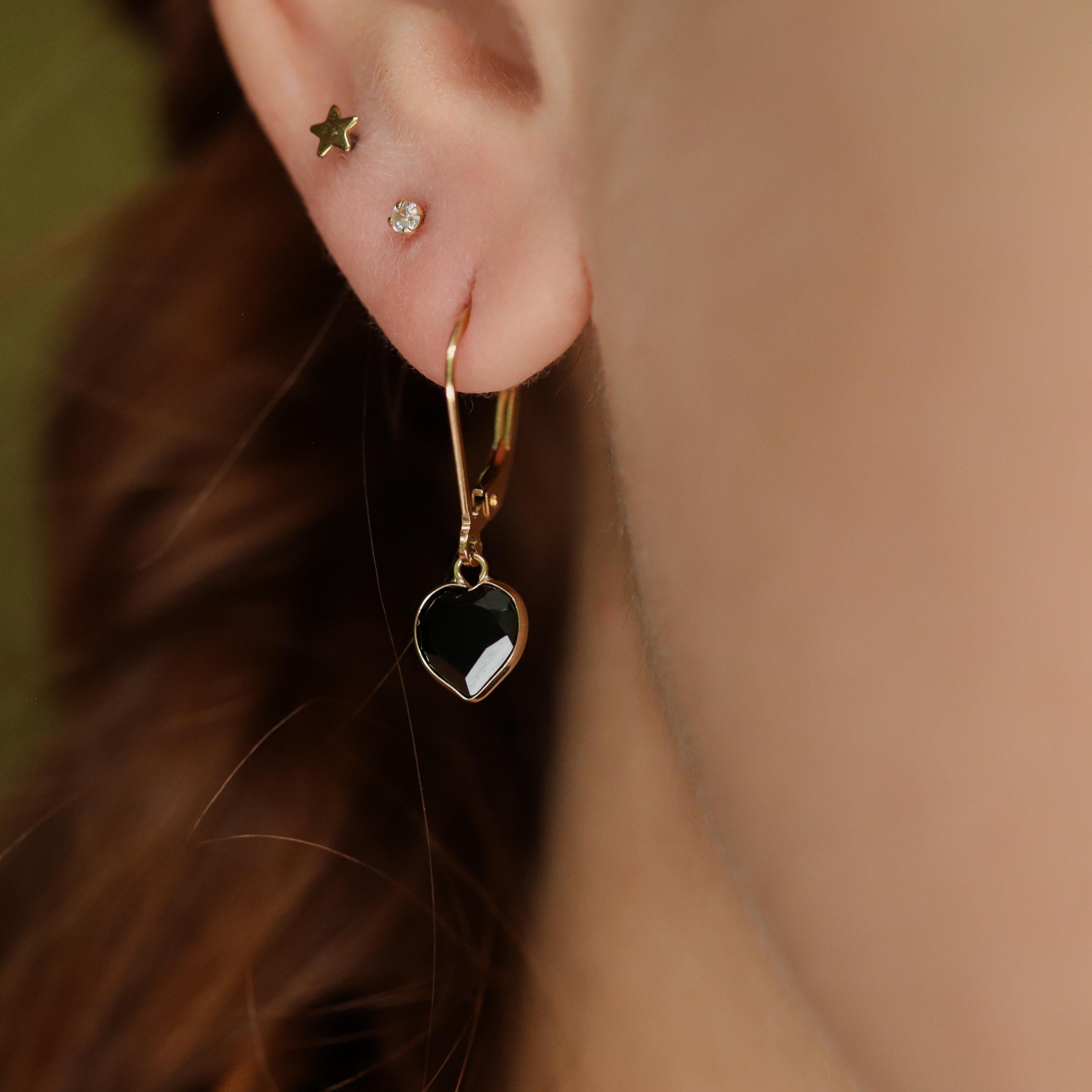 14k Gold Black Spinel [eebsm3007] Black Spinel Heart Earrings In Solid 14k Gold
