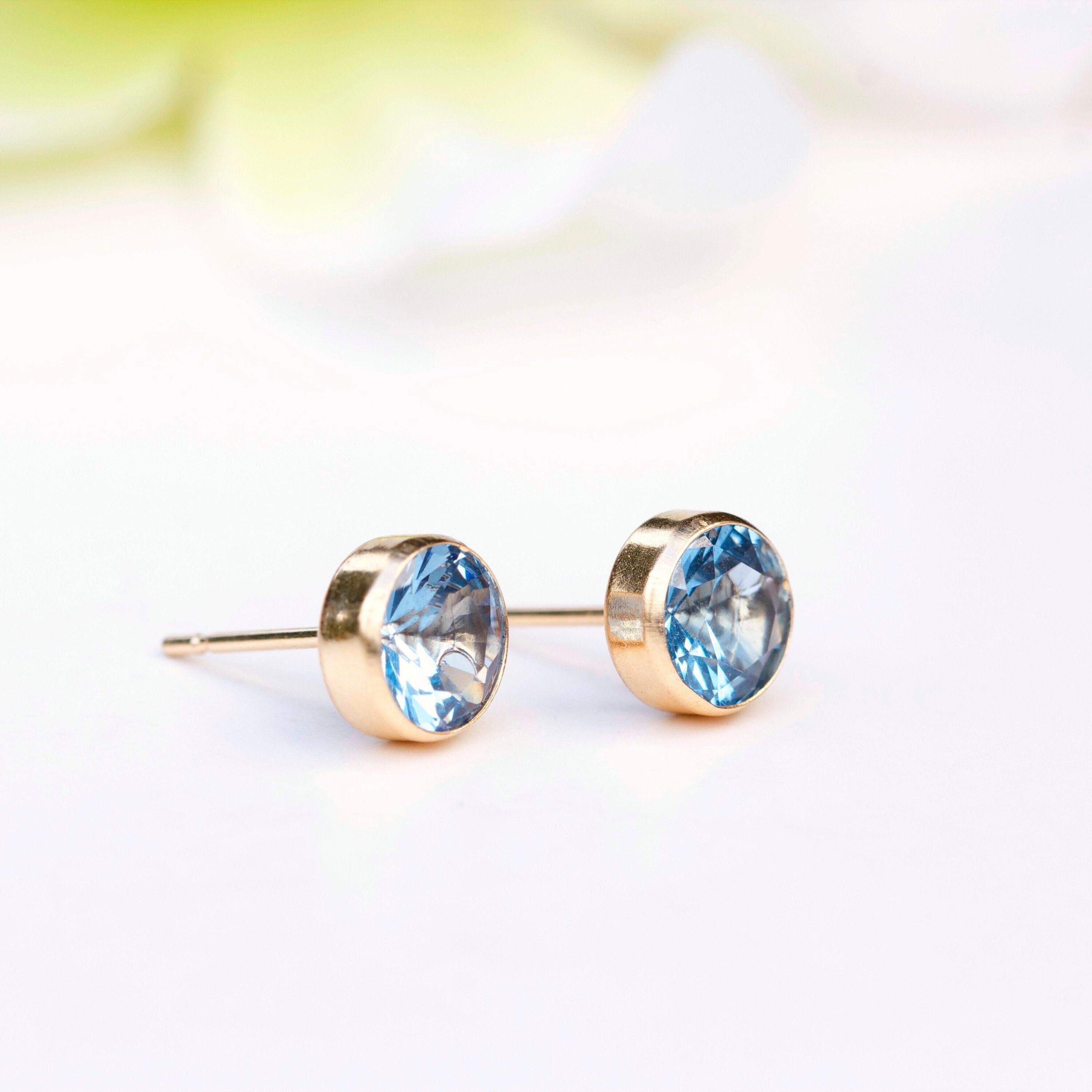 9-carat Yellow Gold Aqua Blue Spinel Stud Earring 6mm, Lab-grown, March Birthstone, 19th Anniversary