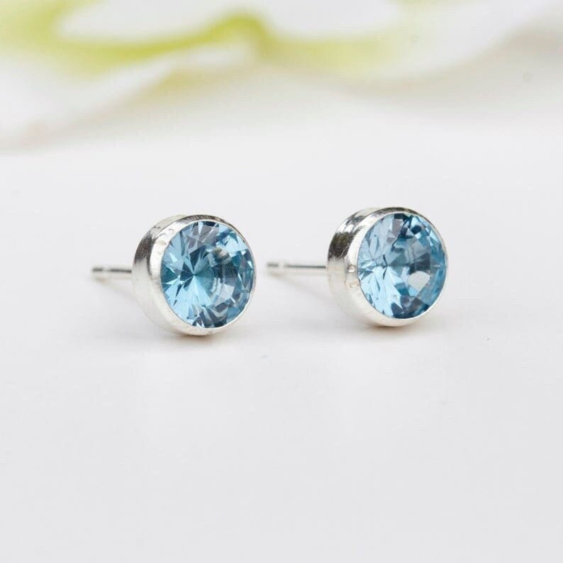 Aqua Blue Spinel Stud Earrings, Sterling Silver, 7mm,  Bezel-set, Lab-grown, March Birthstone