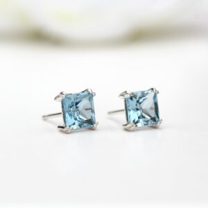 Aqua Blue Spinel Stud Earrings, Sterling Silver,  6mm Square, Lab-Grown
