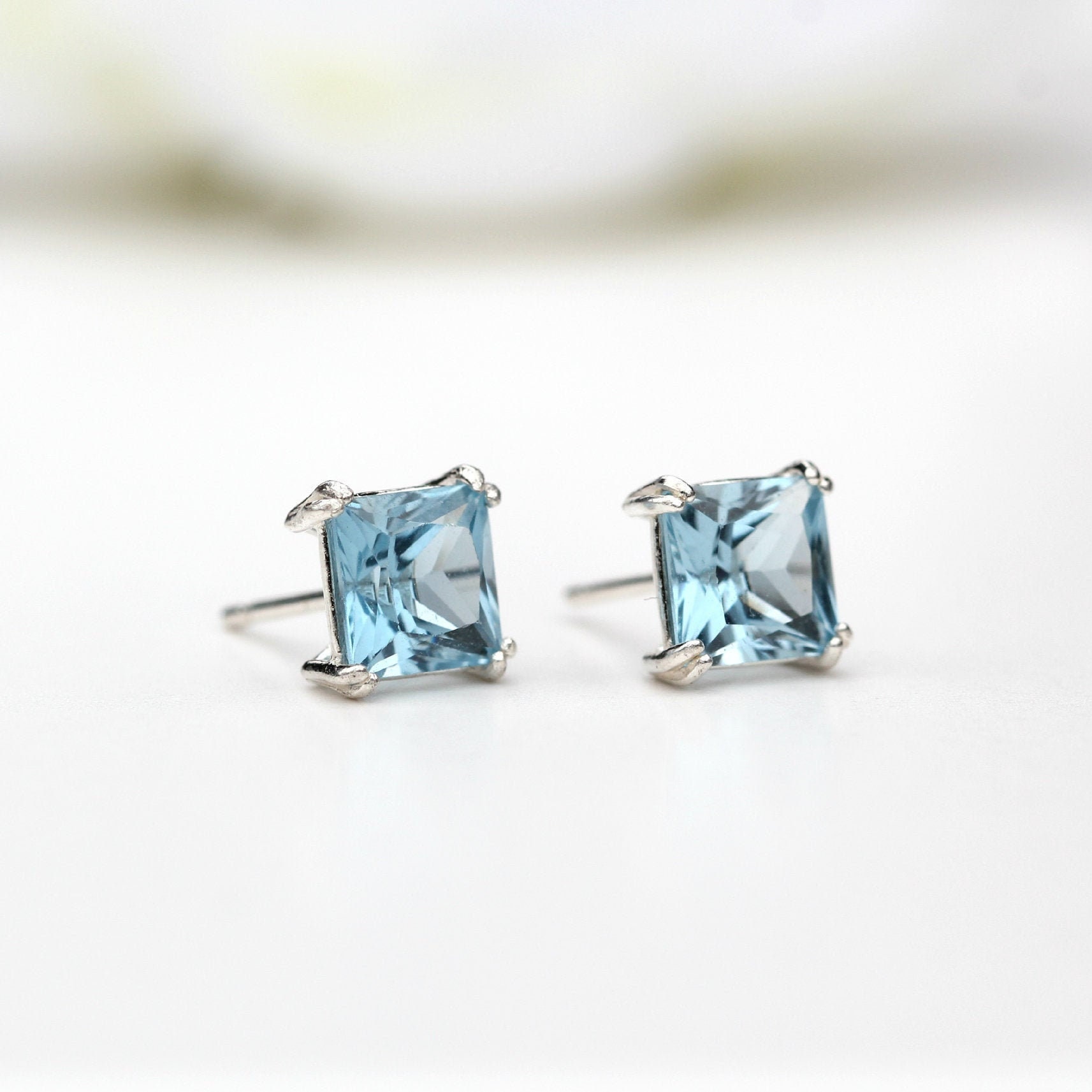 Aqua Blue Spinel Stud Earrings, Sterling Silver, 6mm Square, Lab-grown