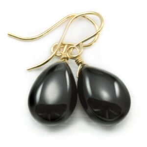 Black Spinel Earrings 14k Solid Gold or Filled or Sterling Silver Smooth Teardrop Pear Shaped Classic Simple Shape Everyday Neutral Drops