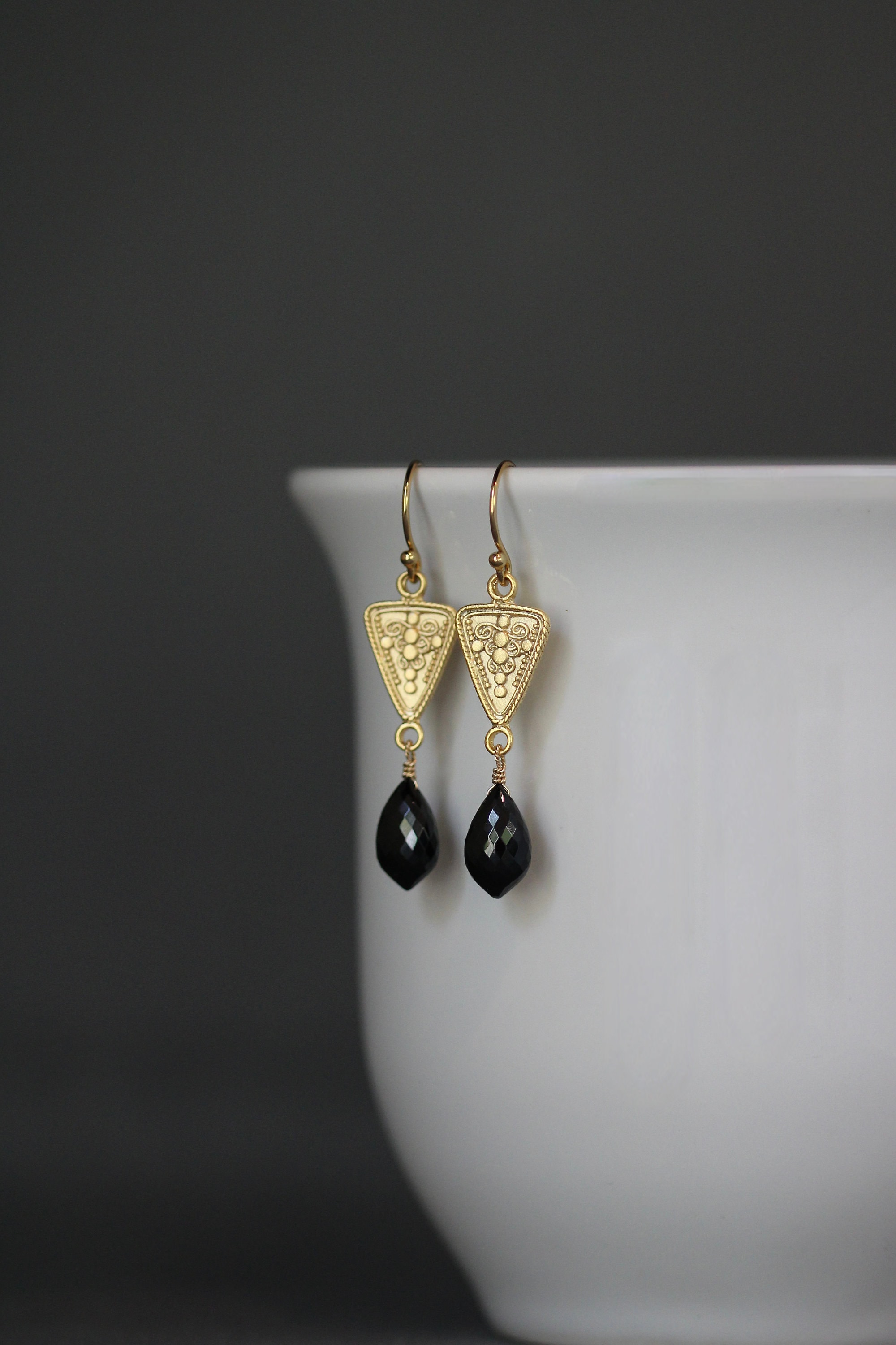 Black Spinel Earrings - Black And Gold Earrings - Gold Link Earrings - Black Gemstone Jewelry - Gold Vermeil Earrings - Gemstone Dangles