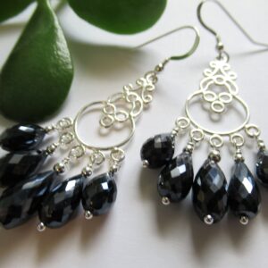 Black Spinel Chandelier Earrings, Sterling Silver Party Jewelry