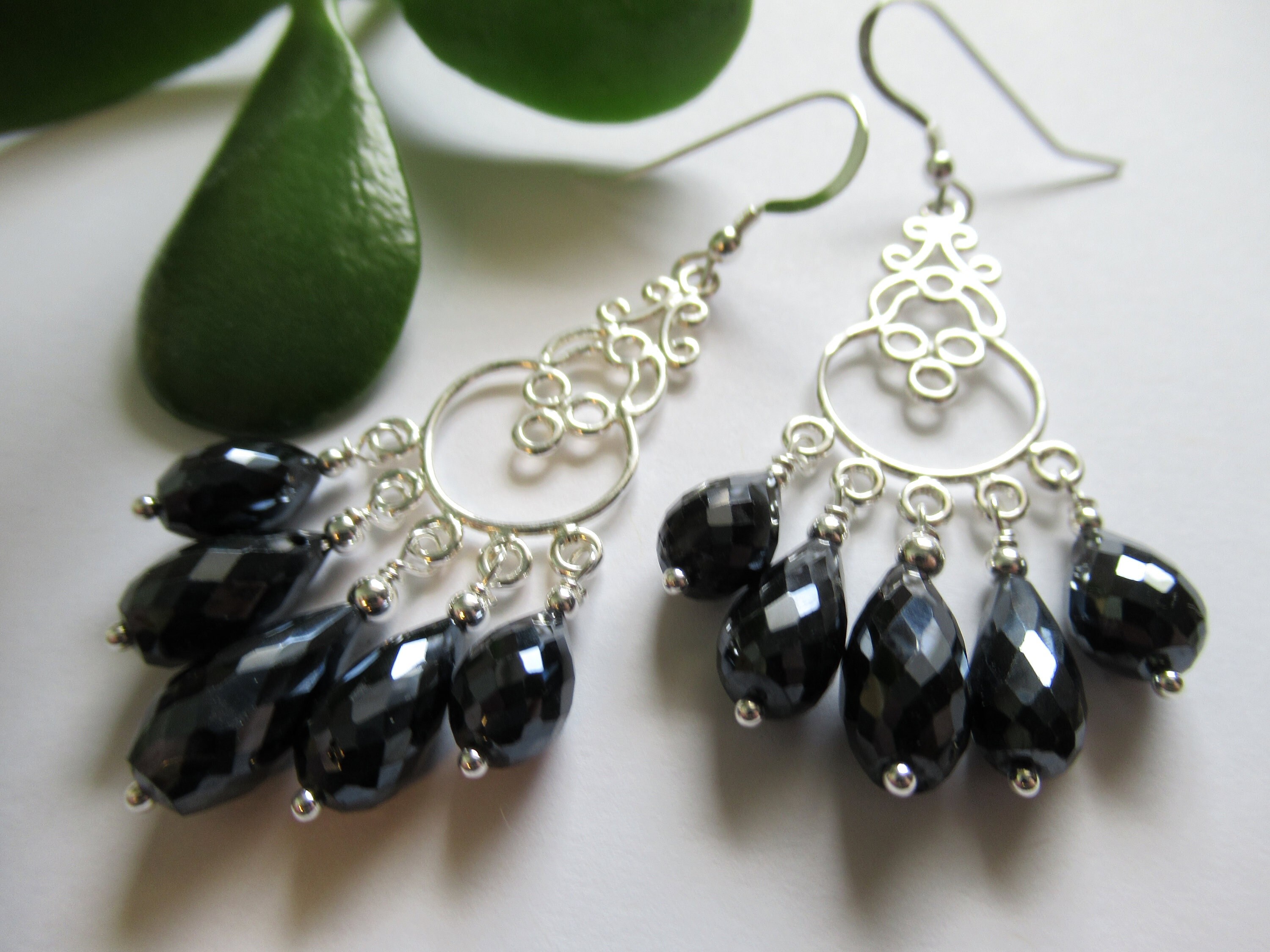 Black Spinel Chandelier Earrings, Sterling Silver Party Jewelry