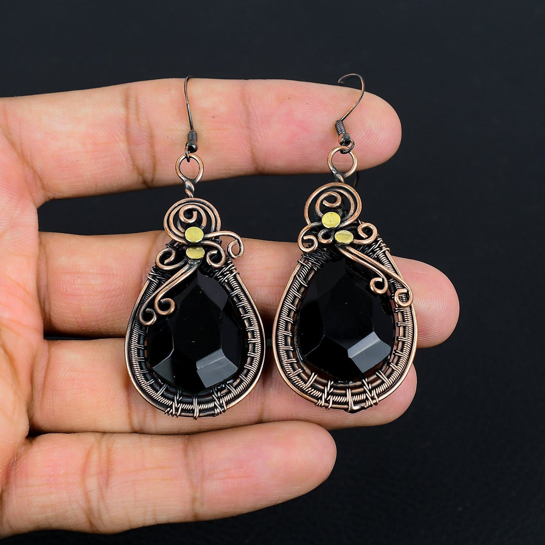 Black Spinel Earrings Copper Wire Wrap Earrings Spinel Gemstone Earring Copper Jewelry Handmade Dangle Earrings Crystal Earring Gift For Her