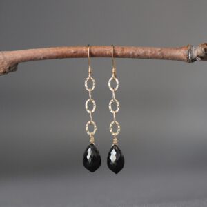Black Spinel Earrings - Gemstone and Gold Earrings - Black Gemstone Earrings - Gold Chain Earrings - Long Dangle Earrings - Hammered Gold