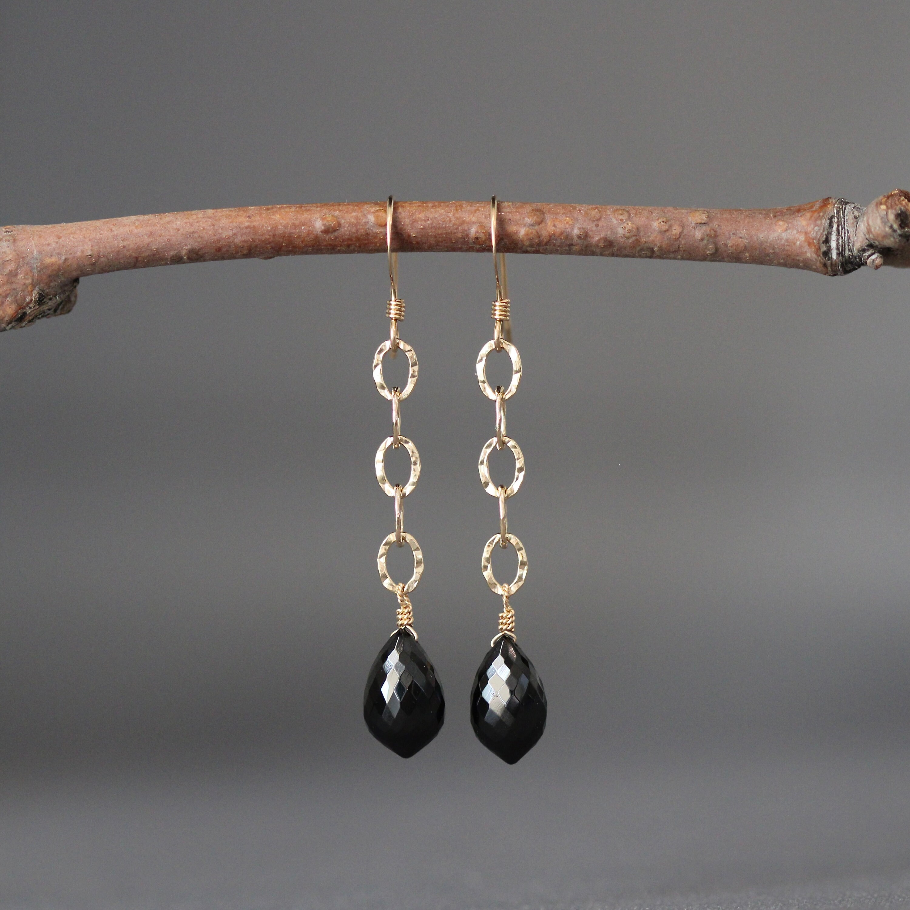 Black Spinel Earrings - Gemstone And Gold Earrings - Black Gemstone Earrings - Gold Chain Earrings - Long Dangle Earrings - Hammered Gold