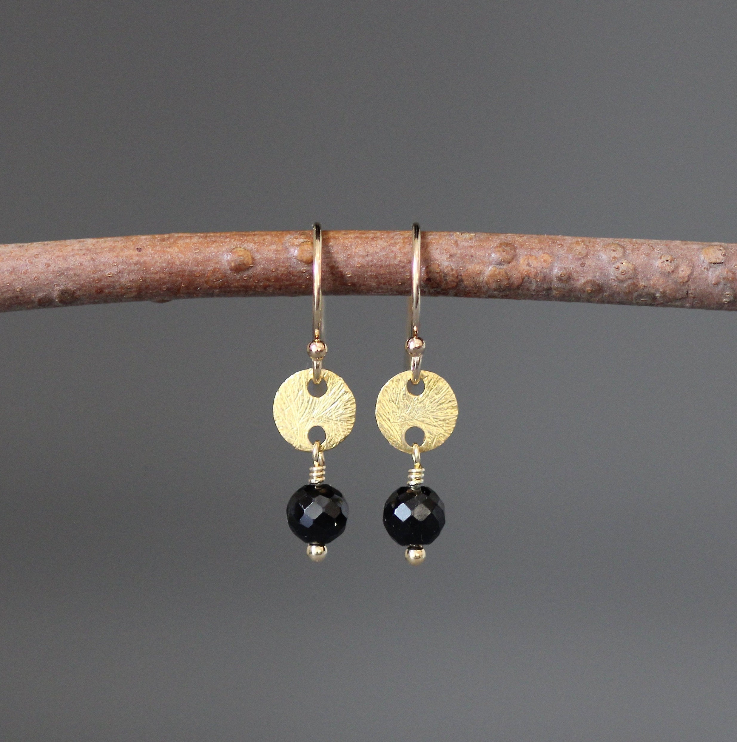 Black Spinel Earrings - Black Gemstone Earrings - Brushed Gold Earrings - Black And Gold Earrings - Jewelry Gift For Girl - Small Earrings