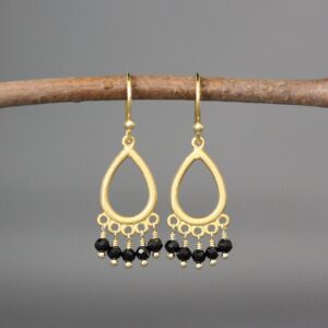 Black Spinel Earrings - Black Gemstone Earrings - Gold Chandelier Earrings - Black and Gold Earrings - Wire Wrapped Earrings - Matte Gold
