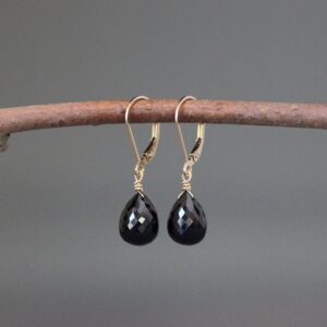 Black Spinel Earrings - Black Gemstone Earrings - Gold Wire Wrapped Earrings - Gold Leverback Earrings - Single Stone Earrings