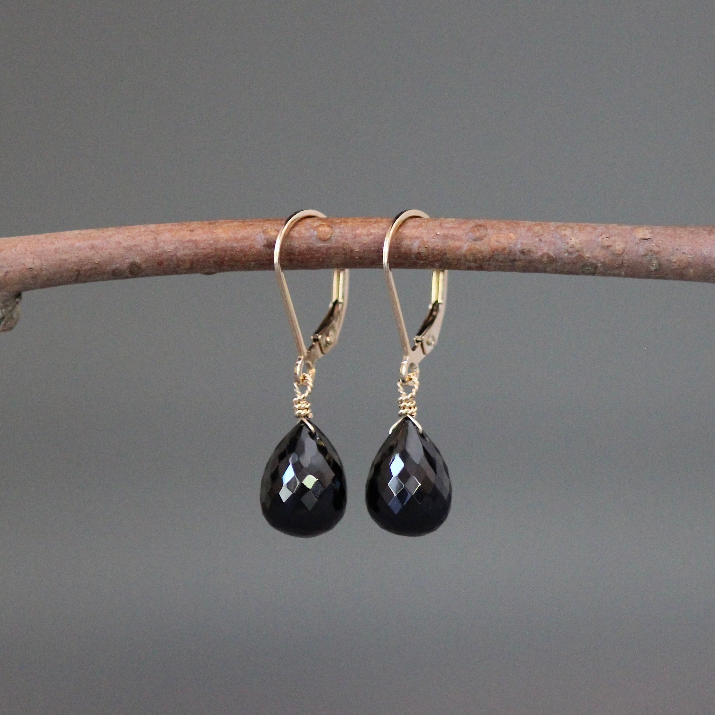 Black Spinel Earrings - Black Gemstone Earrings - Gold Wire Wrapped Earrings - Gold Leverback Earrings - Single Stone Earrings