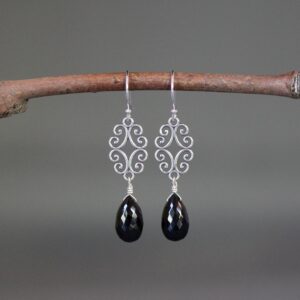 Black Spinel Earrings - Black Gemstone Earrings - Silver Filigree Earrings - Bali Silver Earrings - Chandelier Earring - Wire Wrapped Silver