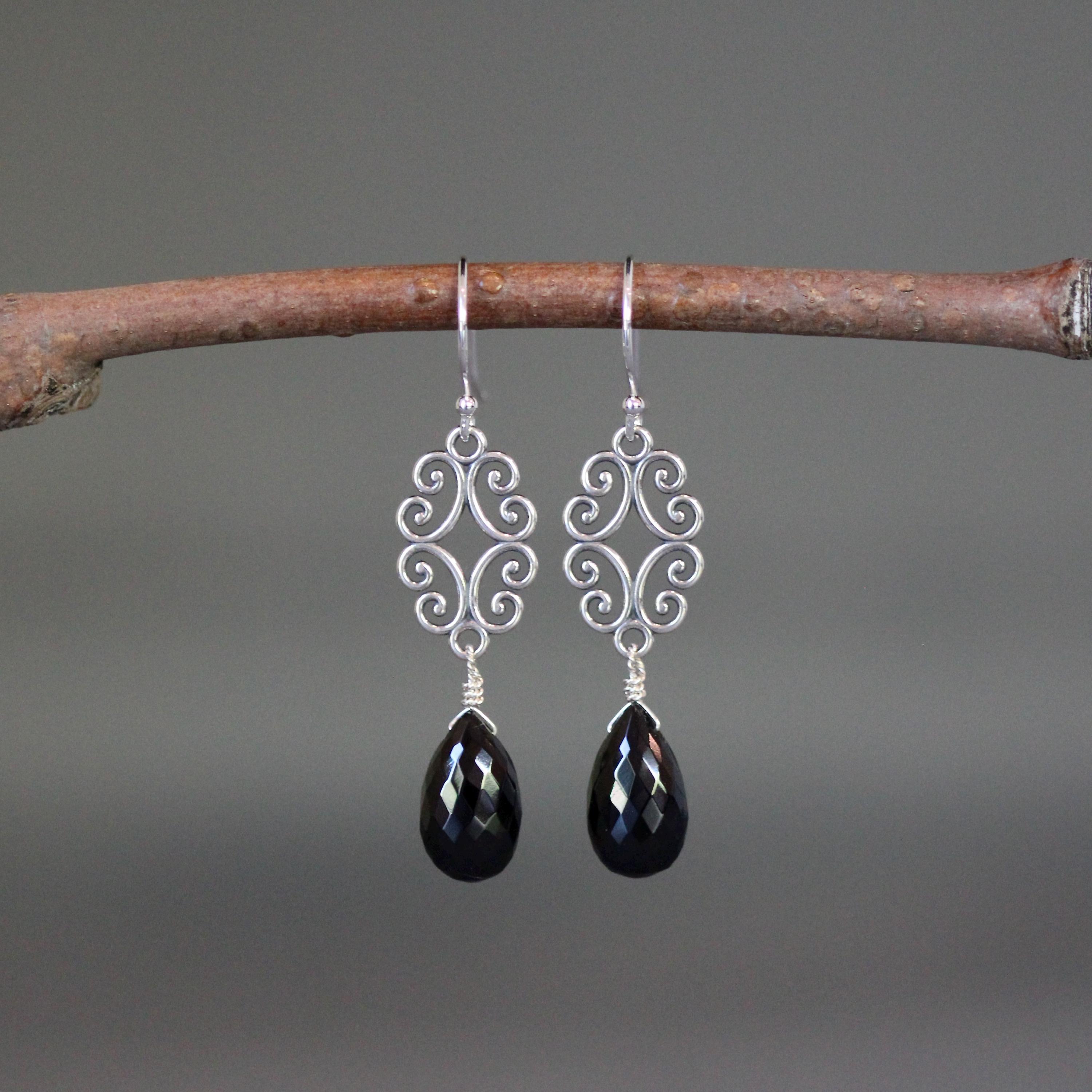 Black Spinel Earrings - Black Gemstone Earrings - Silver Filigree Earrings - Bali Silver Earrings - Chandelier Earring - Wire Wrapped Silver