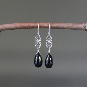Black Spinel Earrings - Black Gemstone Earrings - Silver Link Earrings - Bali Silver Earrings - Black and Silver Earrings - Long Earrings