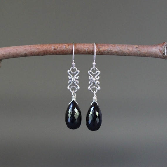 Black Spinel Earrings - Black Gemstone Earrings - Silver Link Earrings - Bali Silver Earrings - Black And Silver Earrings - Long Earrings