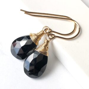 Black Spinel Earrings, Gold Filled Wire Wrapped Natural Gemstone Dangle Drops 5409