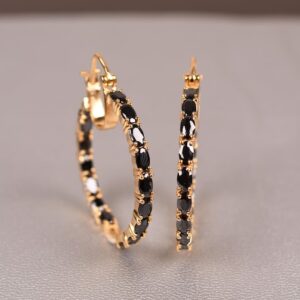 Black Spinel Hoop Earrings, 14k Yellow Gold Plated, Huggie Style