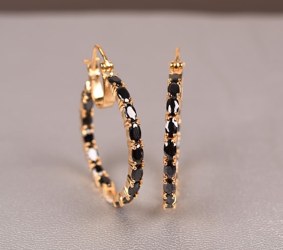 Black Spinel Hoop Earrings, 14k Yellow Gold Plated, Huggie Style