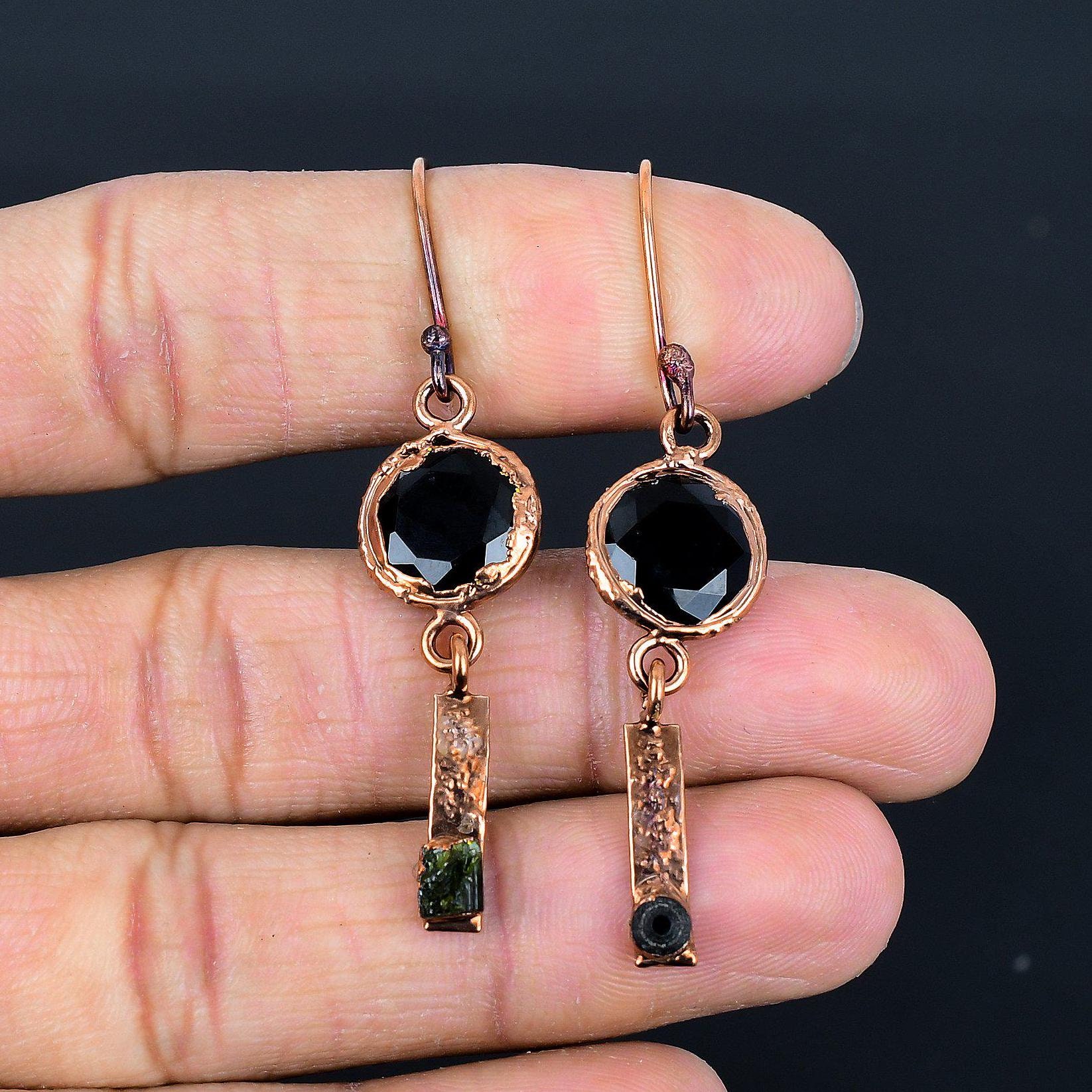 Black Spinel Earrings, Natural Spinel Copper Electroformed Earrings Handmade Jewelry, Drop & Dangle Earring Gift For Birthday, Anniversary