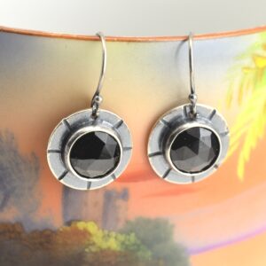 black spinel rose cut hammered circle sterling silver earrings