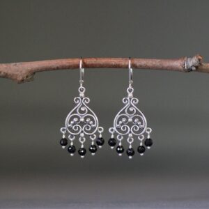 Black Spinel Earrings - Silver Chandelier Earrings - Black Gemstone Earrings - Bali Silver Earrings - Silver Filigree - Statement Jewelry