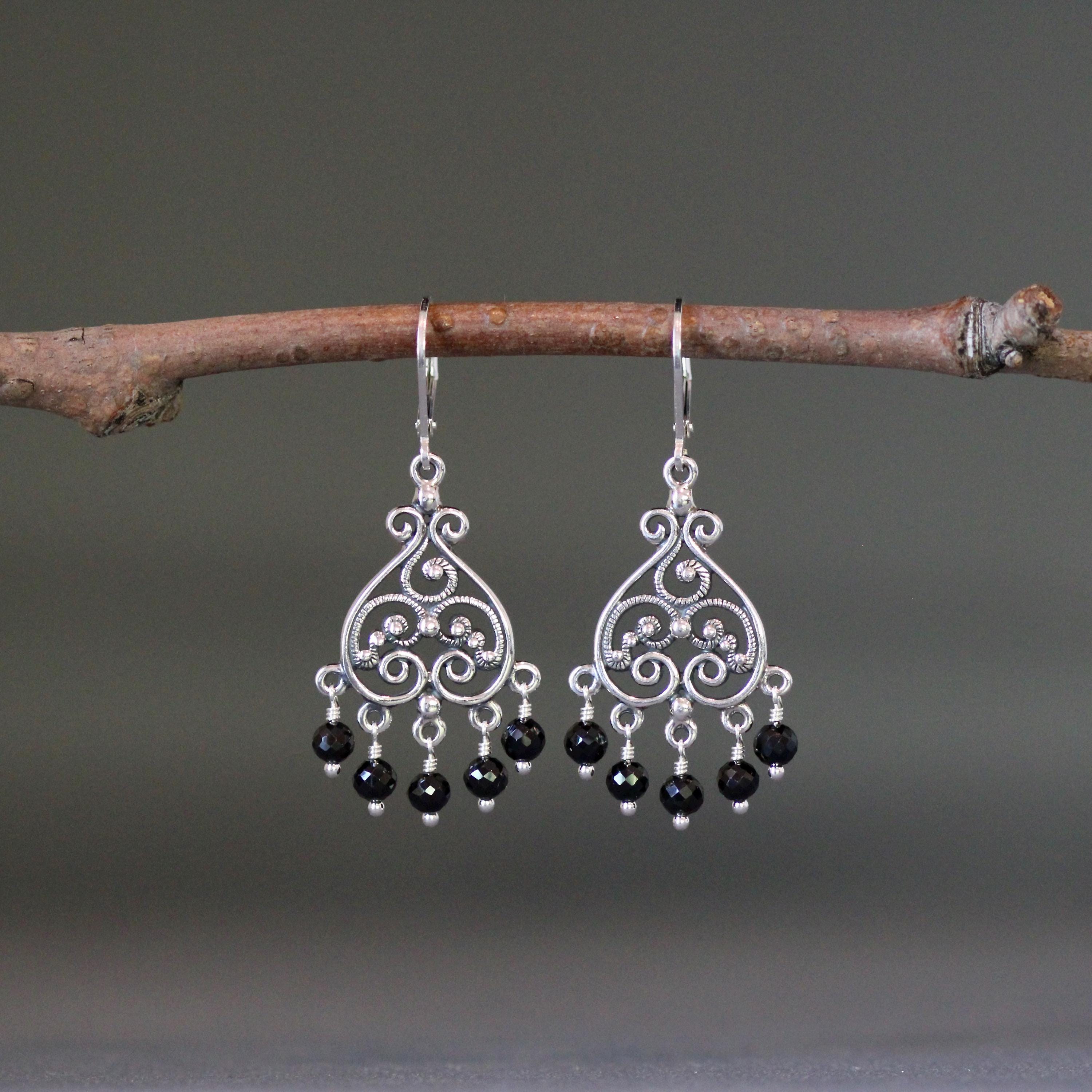 Black Spinel Earrings - Silver Chandelier Earrings - Black Gemstone Earrings - Bali Silver Earrings - Silver Filigree - Statement Jewelry