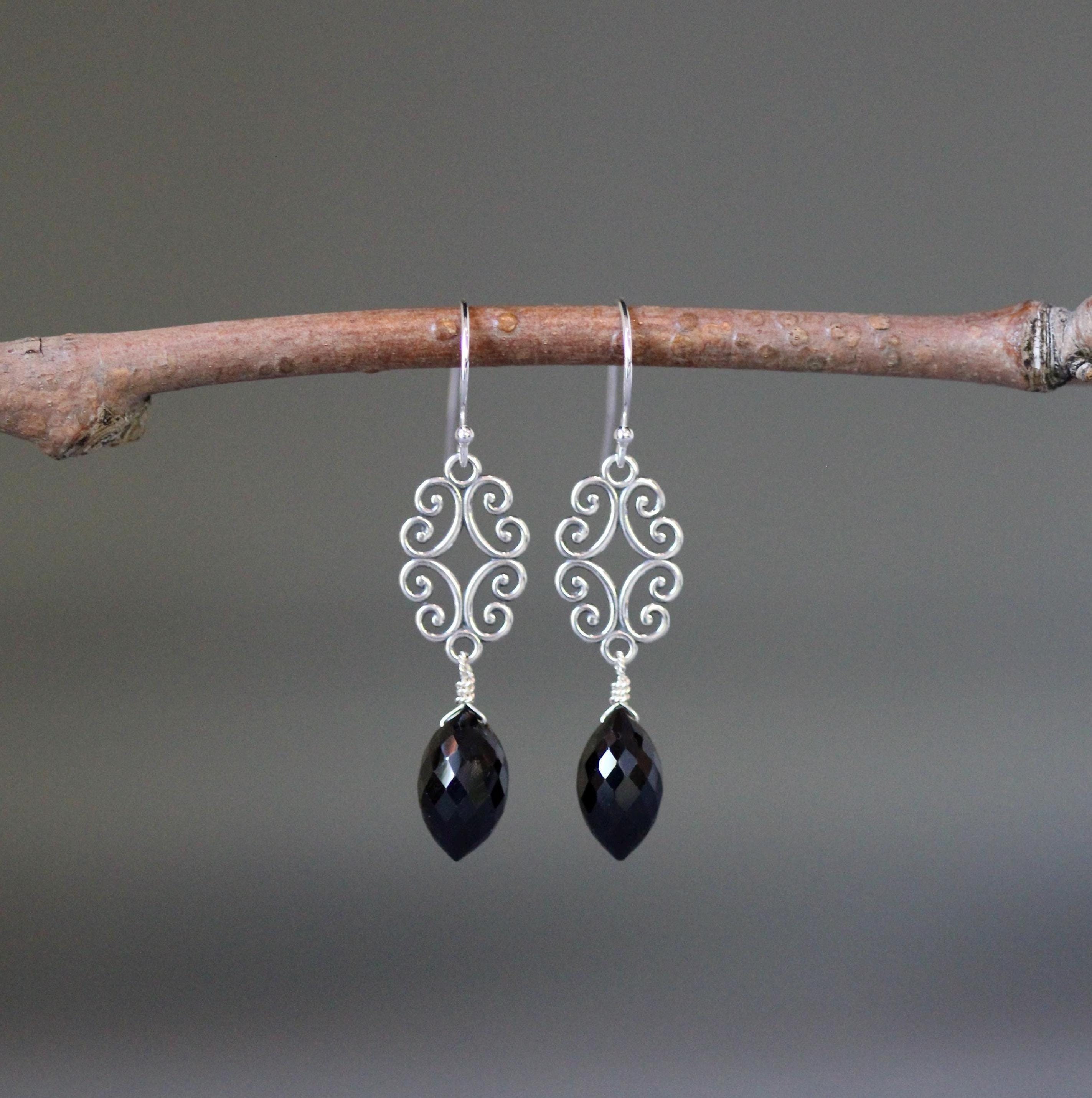 Black Spinel Earrings - Silver Filigree Earrings - Bali Silver Earrings - Black Gemstone Earrings - Silver Chandeliers - Wire Wrapped Silver Black Spinel Earrings - Silver Filigree Earrings - Bali Silver Earrings - Black Gemstone Earrings - Silver Chandeliers - Wire Wrapped Silver