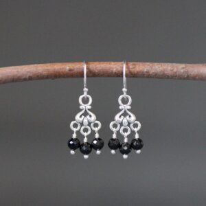 Black Spinel Earrings - Small Chandelier Earrings - Black Gemstone Earrings - Wire Wrapped - Black and Silver Earrings