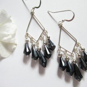 Black Spinel Sterling Silver Chandelier Earrings, Party Jewelry Black Spinel Sterling Silver Chandelier Earrings, Party Jewelry